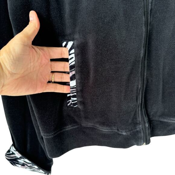 Black Velour Zebra Trim Jacket Women's XL Mobwife Glam Y2K Pockets Full Zip SEE - Picture 7 of 10